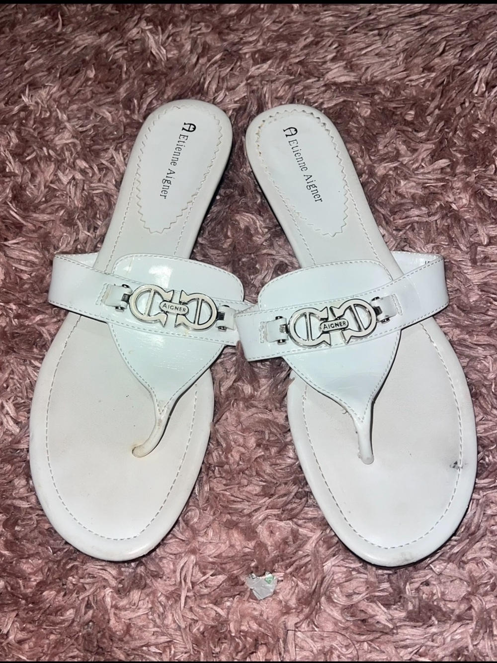 Etienne Aigner White Patent Leather Adrianna Thong Sandals